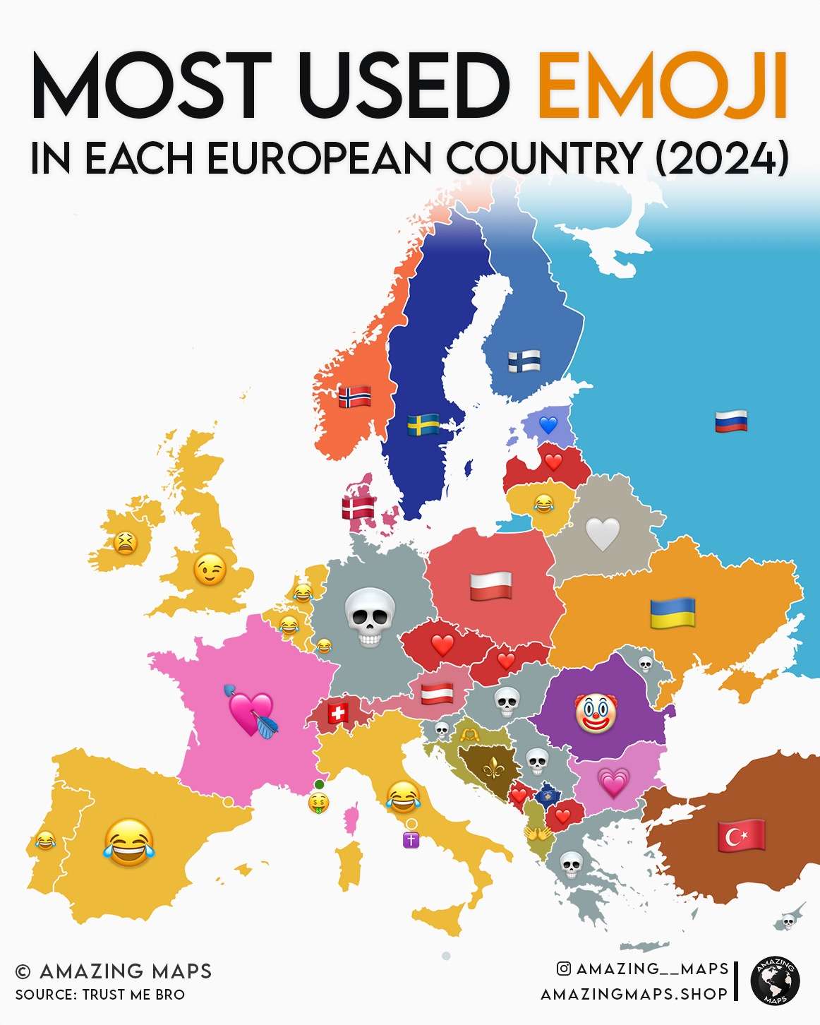 Most used emoji in each European country for 2024